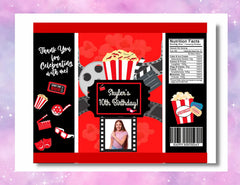 Movie Night Birthday Party Favor Bundle, Chip Bag, Water Bottle Label, Juice Pouch & Treat Wrapper,Movie Night Birthday Party Favors
