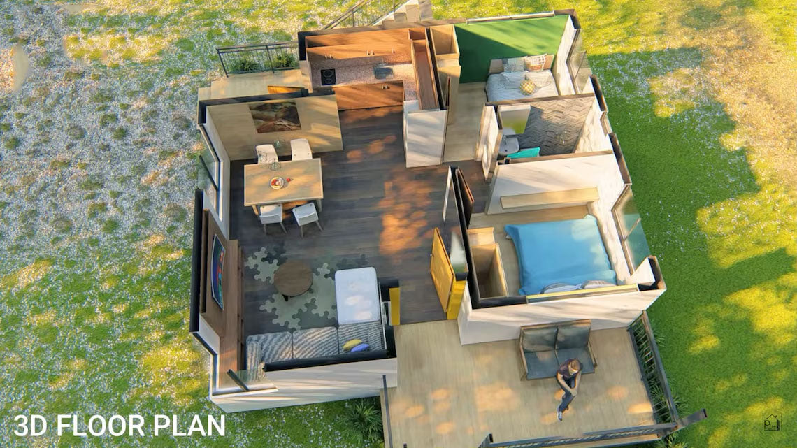 90 sqm Multi-Family House Plan with Porch & Balcony - Floor Plan and Elevations