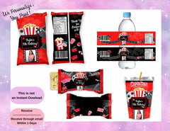 Movie Night Birthday Party Favor Bundle, Chip Bag, Water Bottle Label, Juice Pouch & Treat Wrapper,Movie Night Birthday Party Favors