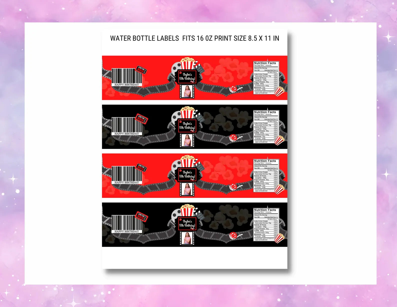 Movie Night Birthday Party Favor Bundle, Chip Bag, Water Bottle Label, Juice Pouch & Treat Wrapper,Movie Night Birthday Party Favors