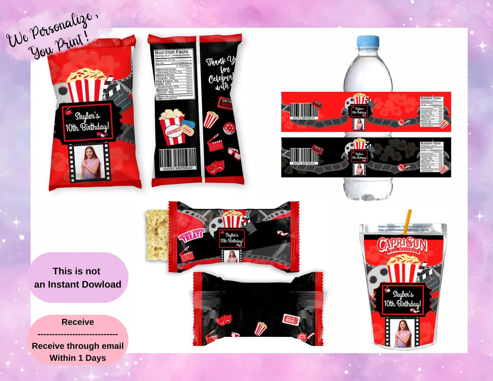 Movie Night Birthday Party Favor Bundle, Chip Bag, Water Bottle Label, Juice Pouch & Treat Wrapper,Movie Night Birthday Party Favors