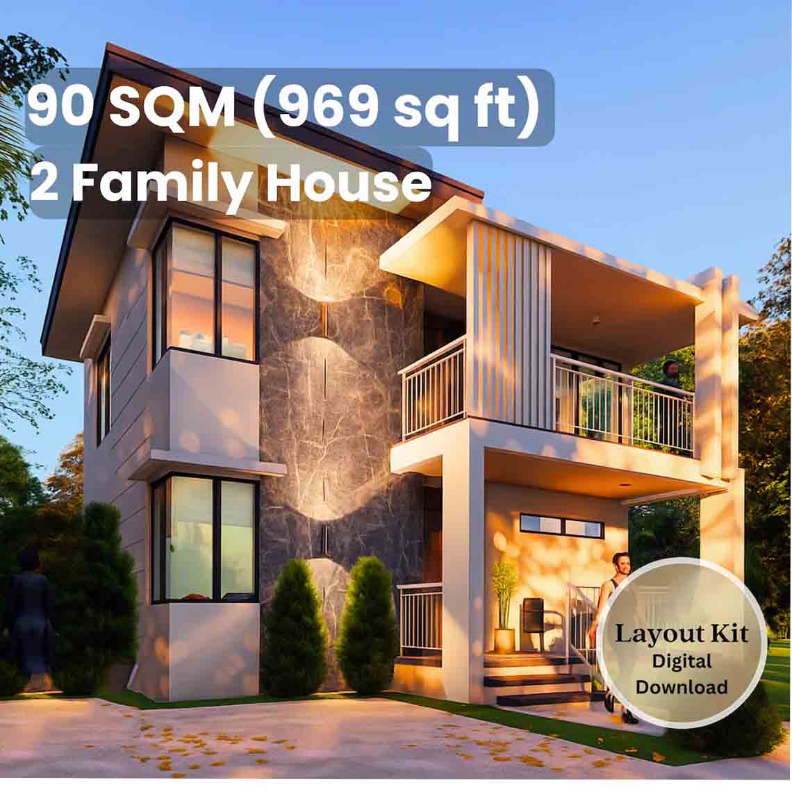 90 sqm Multi-Family House Plan with Porch & Balcony - Floor Plan and Elevations