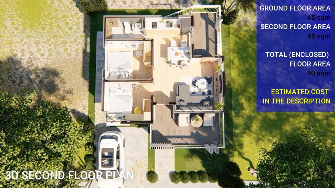 90 sqm Multi-Family House Plan with Porch & Balcony - Floor Plan and Elevations