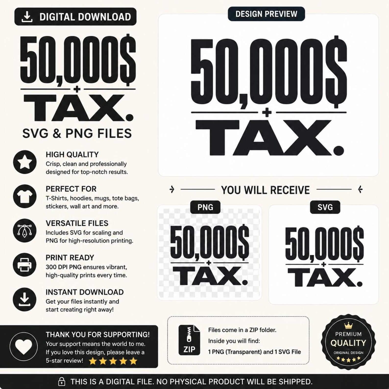 50,000 Dollar + Tax Typography Shirt Design, Streetwear Graphic Tee (Digital Download)